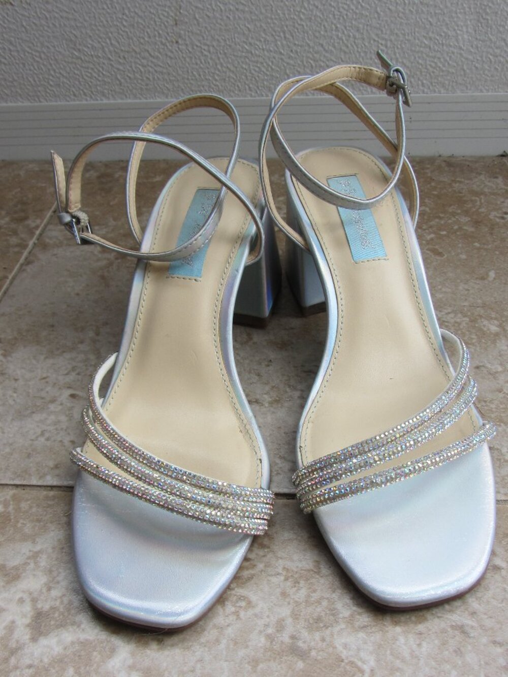 Betsey Johnson Silver Iridescent Crystal Accent Formal Block Heels